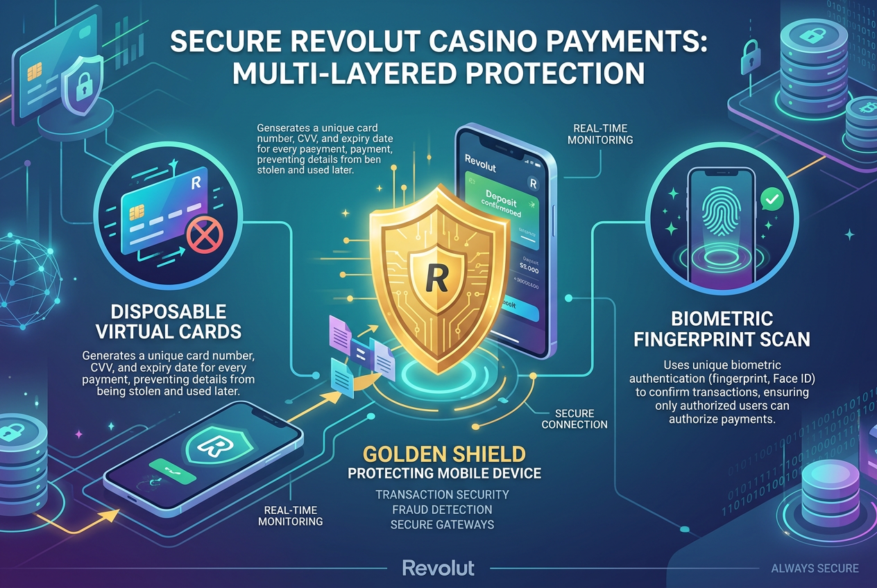 Infografika zabezpečení Revolut plateb s jednorázovými kartami a biometrikou